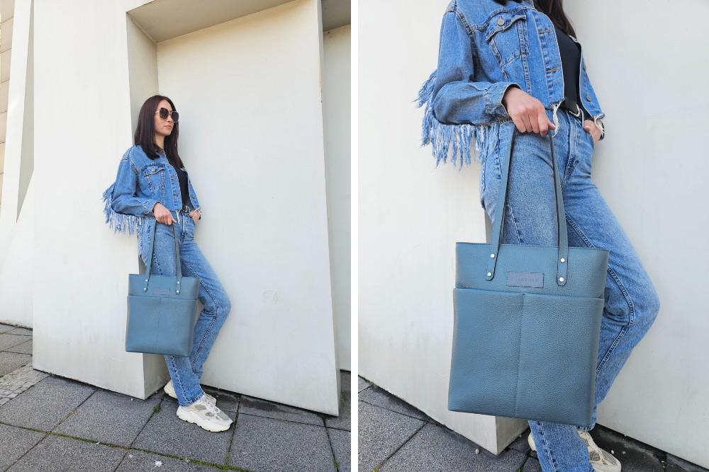 Kolokolo denimkék bőr shopper táska